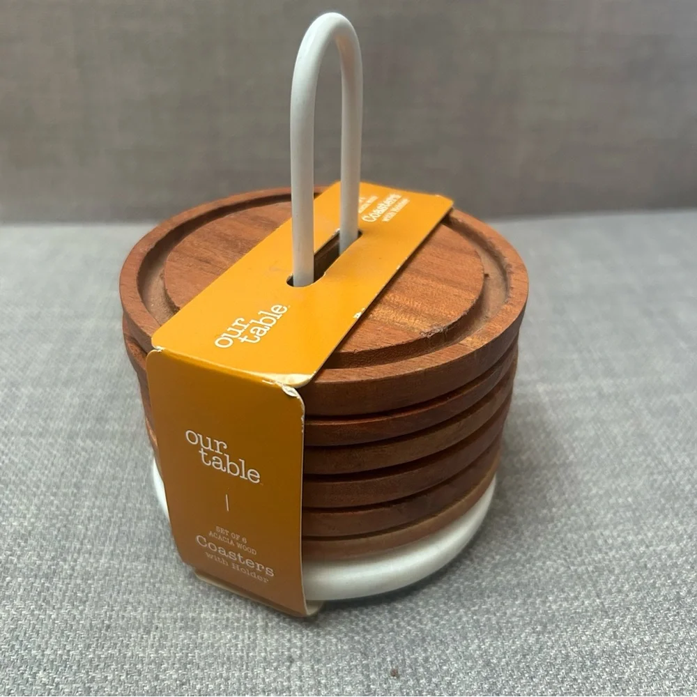 BED BATH & BEYOND Our Table 7-pcs Acacia Wood Coasters w/ Marble Holder#1210254